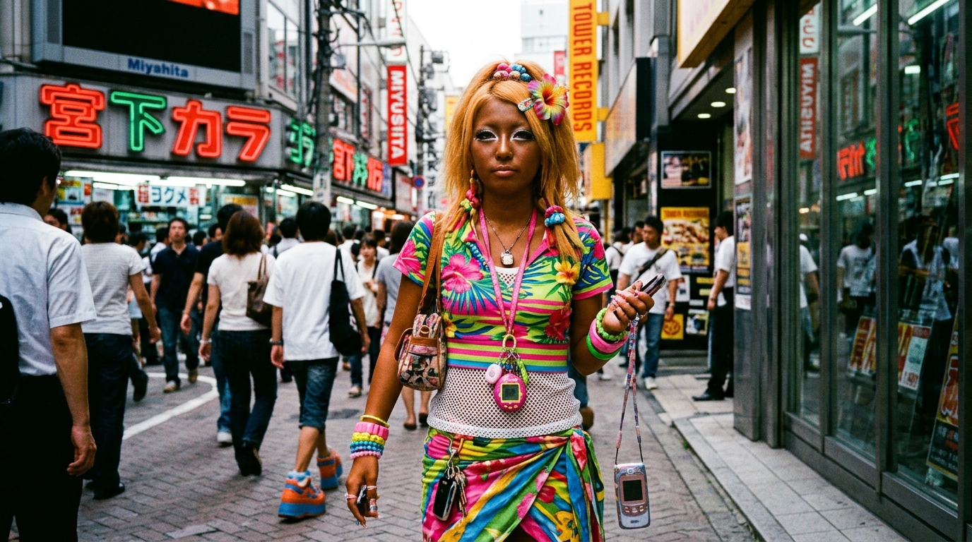 Ganguro gyaru substyle showing deep golden-brown tan and contrasting white eye makeup