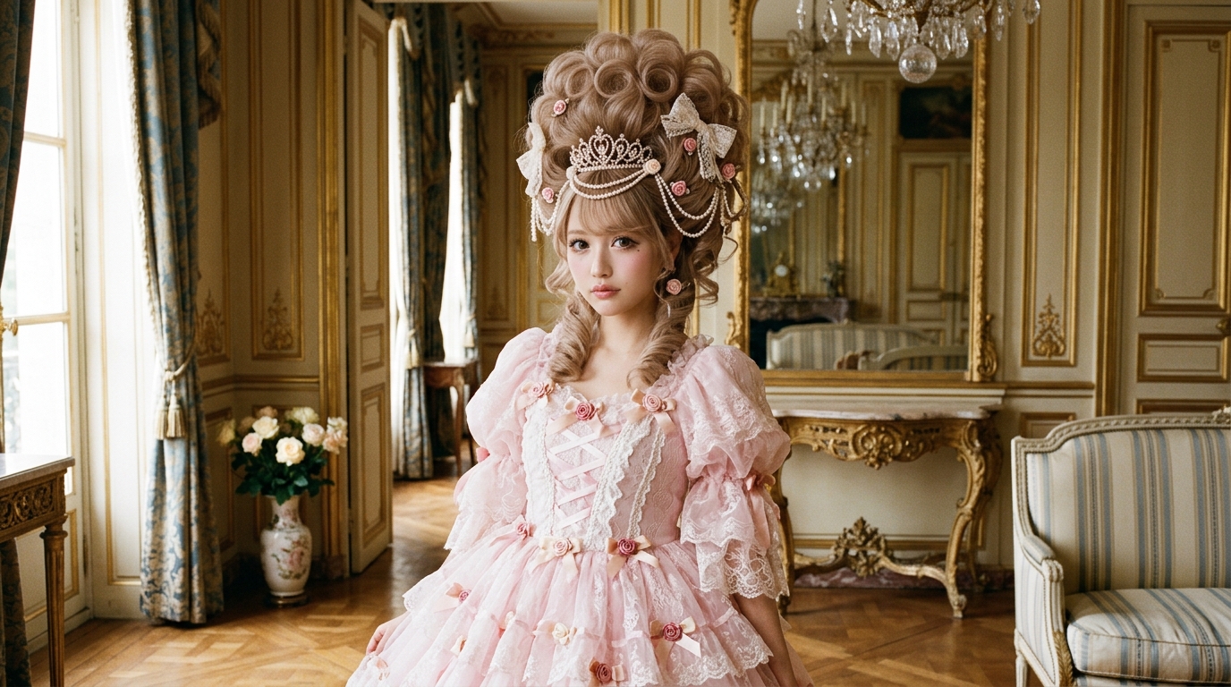 Hime Gyaru fashion aesthetic showing voluminous sujimori hair and Victorian-inspired doll dress