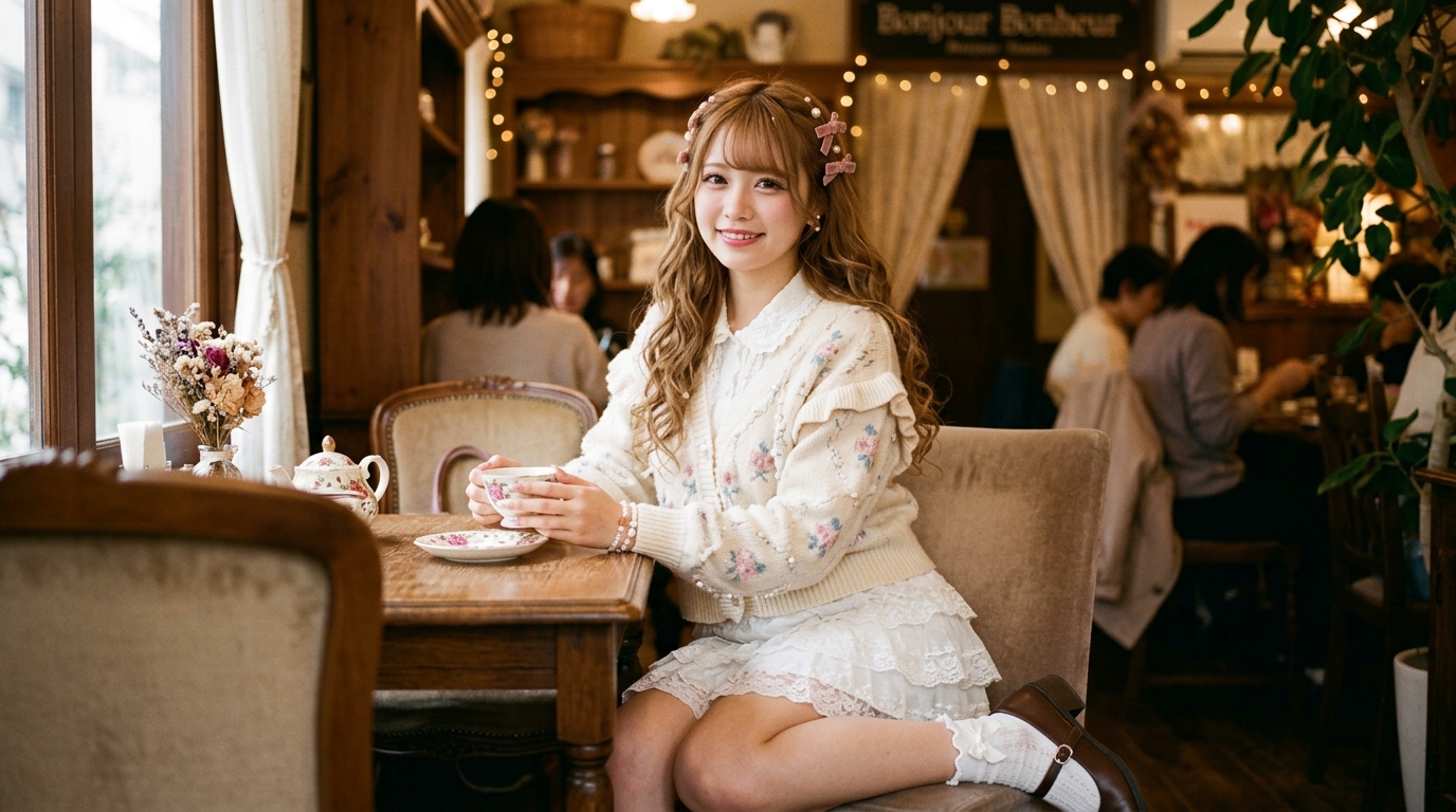 Himekaji girl wearing floral chiffon dress, soft knitted cardigan, and romantic wavy caramel hair